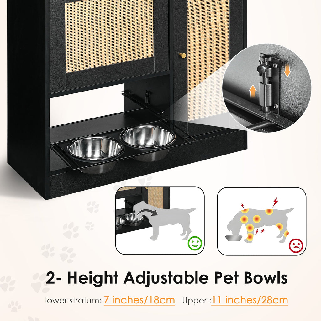Feeding Station with 2 Lockers and Elevated Bowls - Black