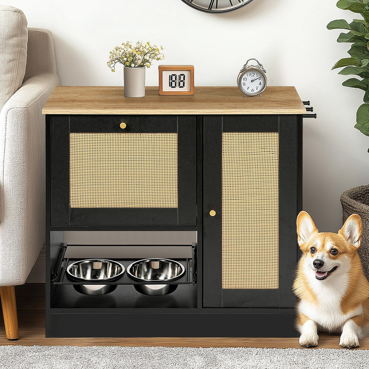 Feeding Station with 2 Lockers and Elevated Bowls - Black