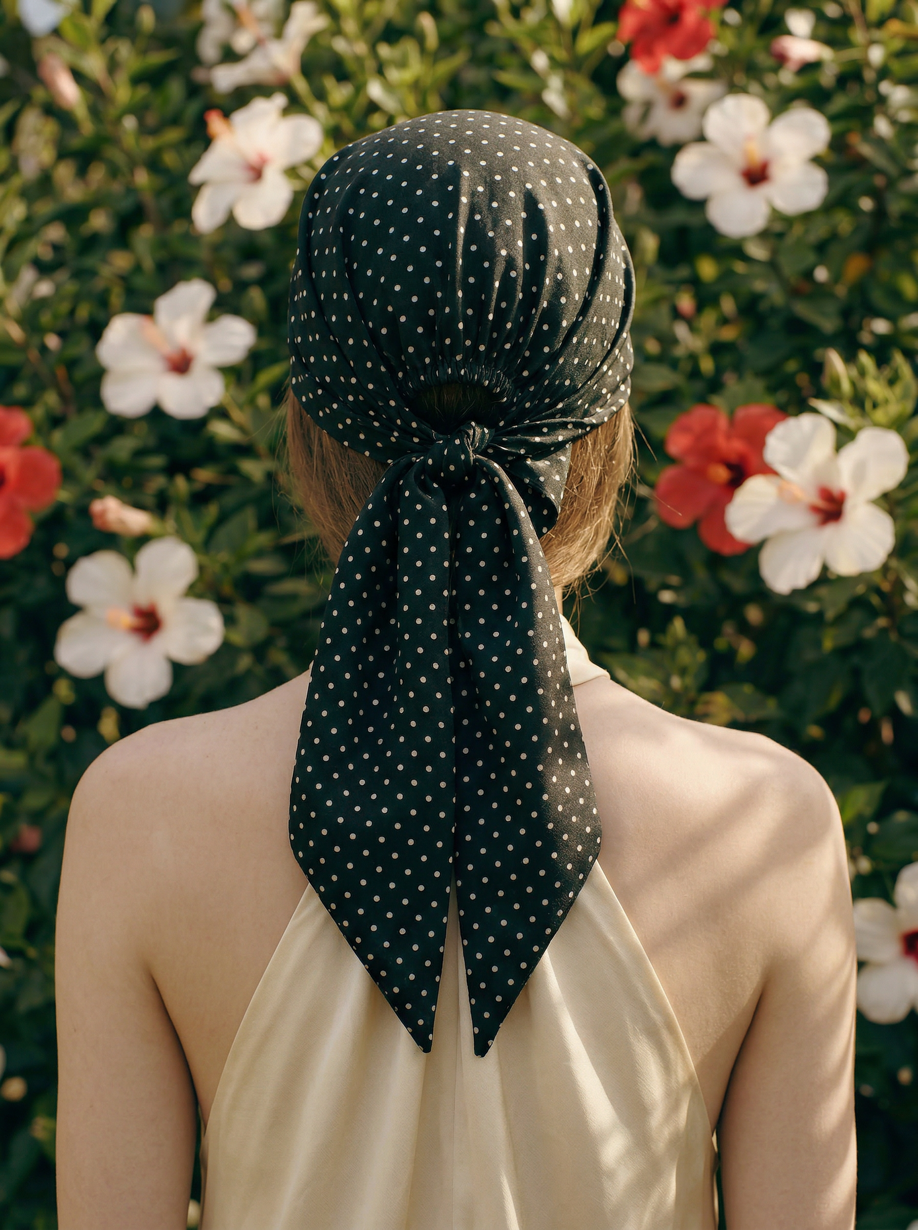 Silk Headscarf with Ties - Black Polka Dot