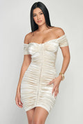 Shiny Velvet Off-Shoulder Ruched Mini Dress