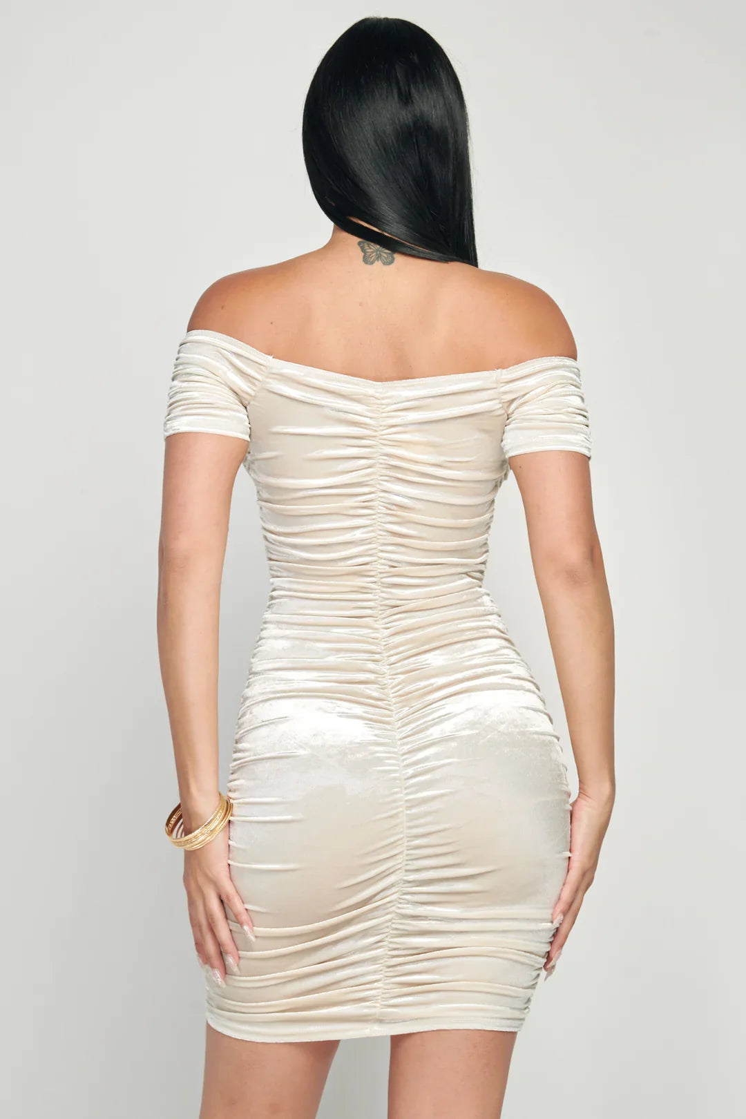 Shiny Velvet Off-Shoulder Ruched Mini Dress