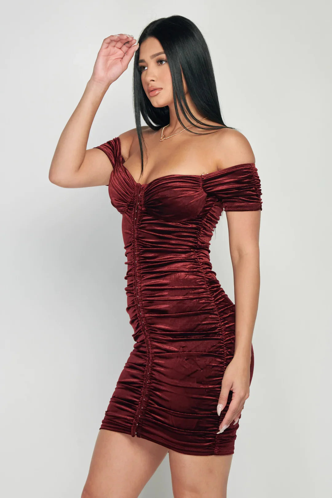 Shiny Velvet Off-Shoulder Ruched Mini Dress
