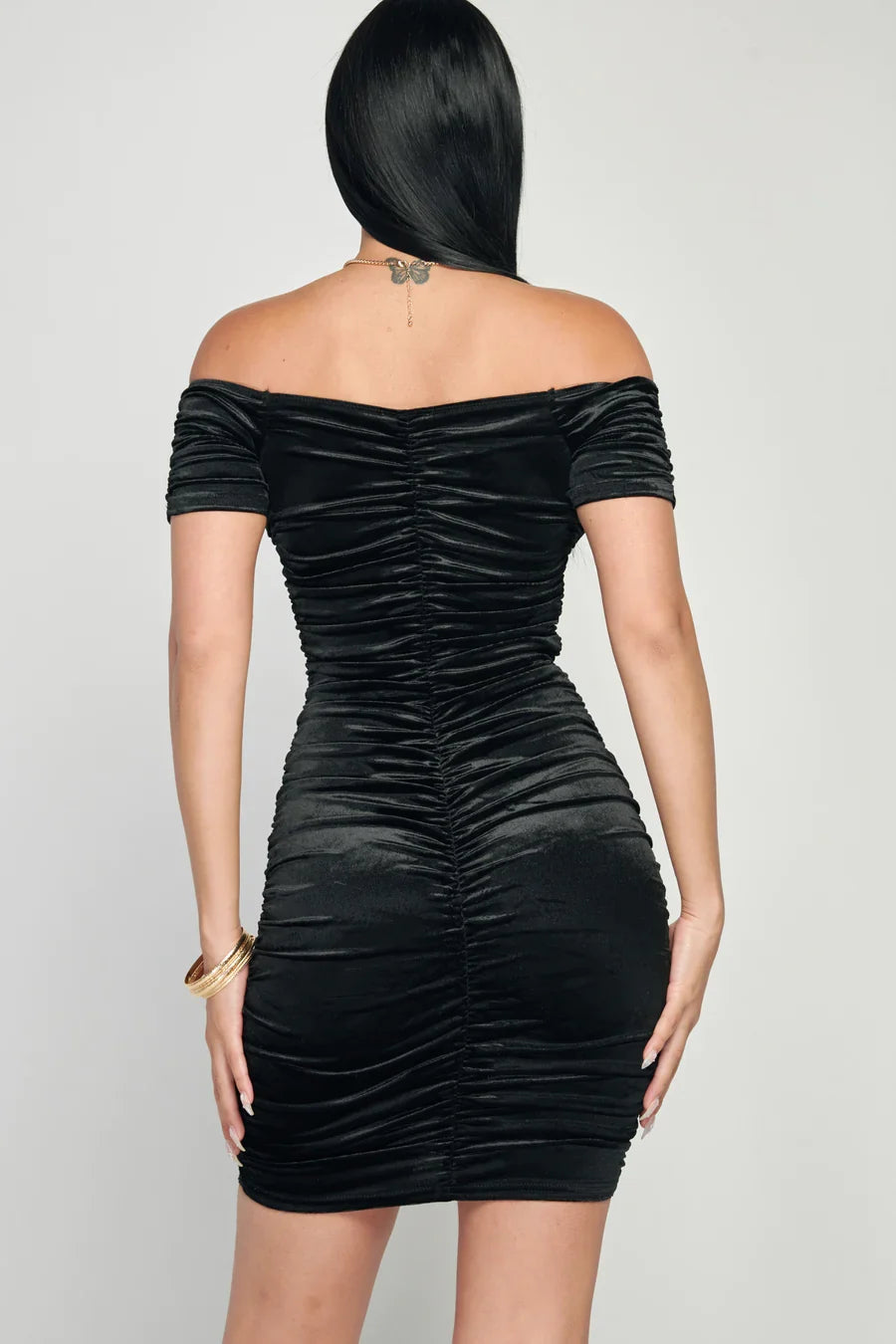 Shiny Velvet Off-Shoulder Ruched Mini Dress
