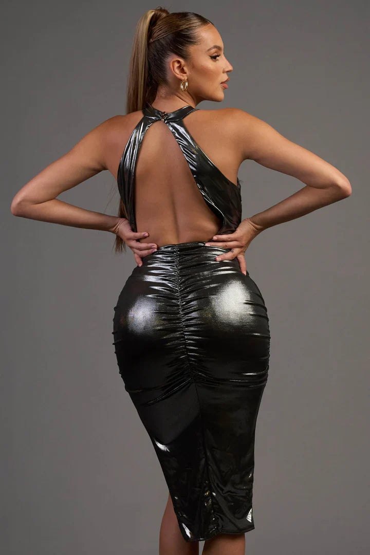 Chic Metallic Halter Slit Midi Dress | Backless Bodycon Slinky Dress