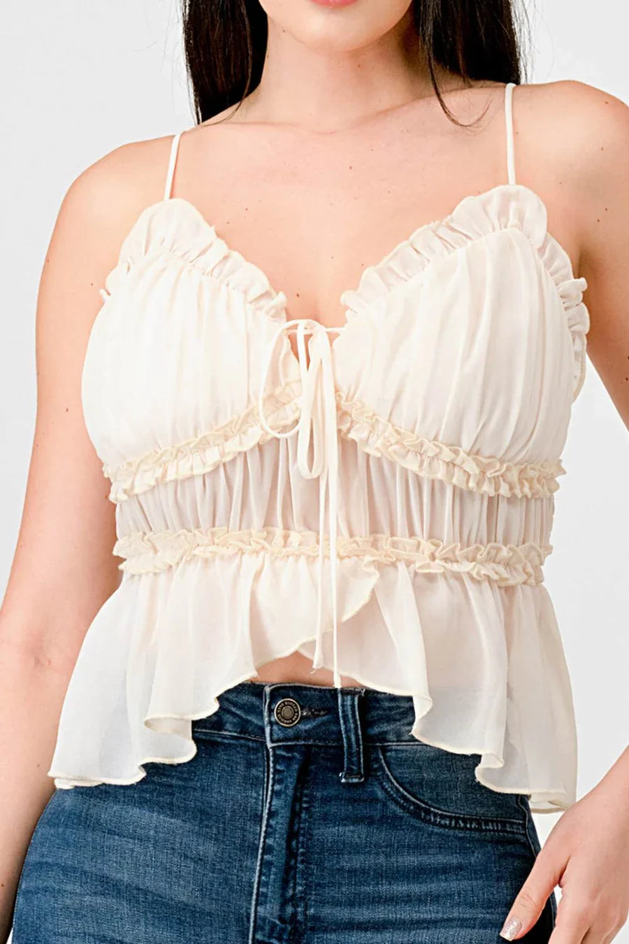 CHEALSEA CHIFFON SWEETHEART SMOCKED BACK RUCHED RUFFLED SHEER CAMI TOP
