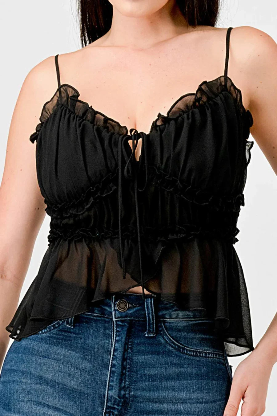 CHEALSEA CHIFFON SWEETHEART SMOCKED BACK RUCHED RUFFLED SHEER CAMI TOP