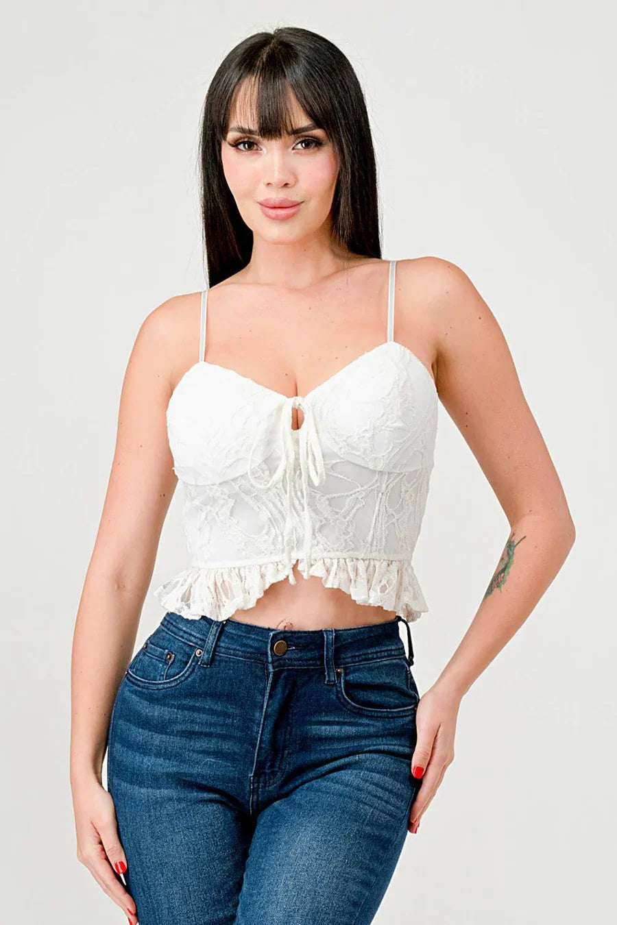 SUPER STRETCH COTTON LACE SWEETHEART DRAWSTRING RUFFLED CROPPED CAMI TOP