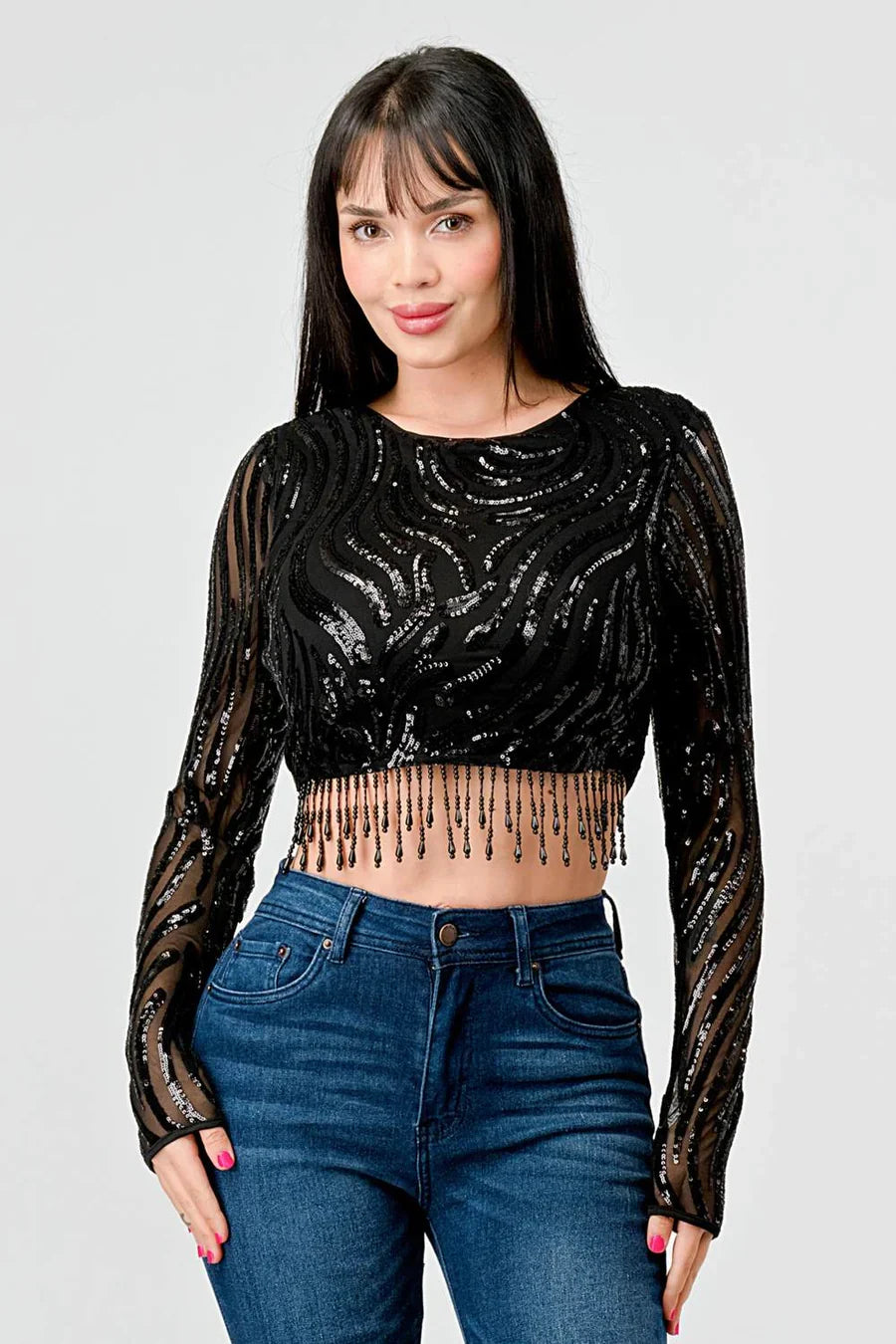 LUXE WAVE SEQUINS LONG SLEEVES STONE FRINGE DETAIL CROPPED TOP