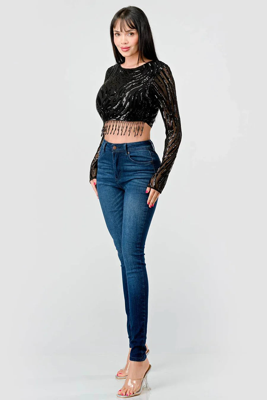 LUXE WAVE SEQUINS LONG SLEEVES STONE FRINGE DETAIL CROPPED TOP