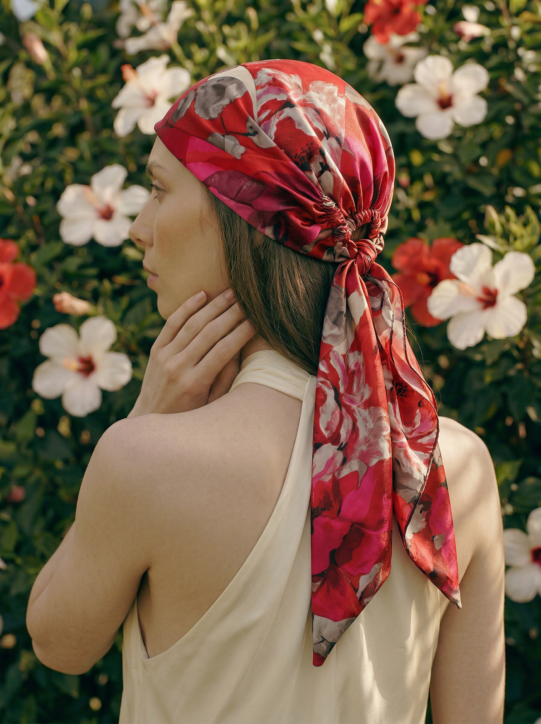 Silk headscarf with ties - Red Floral