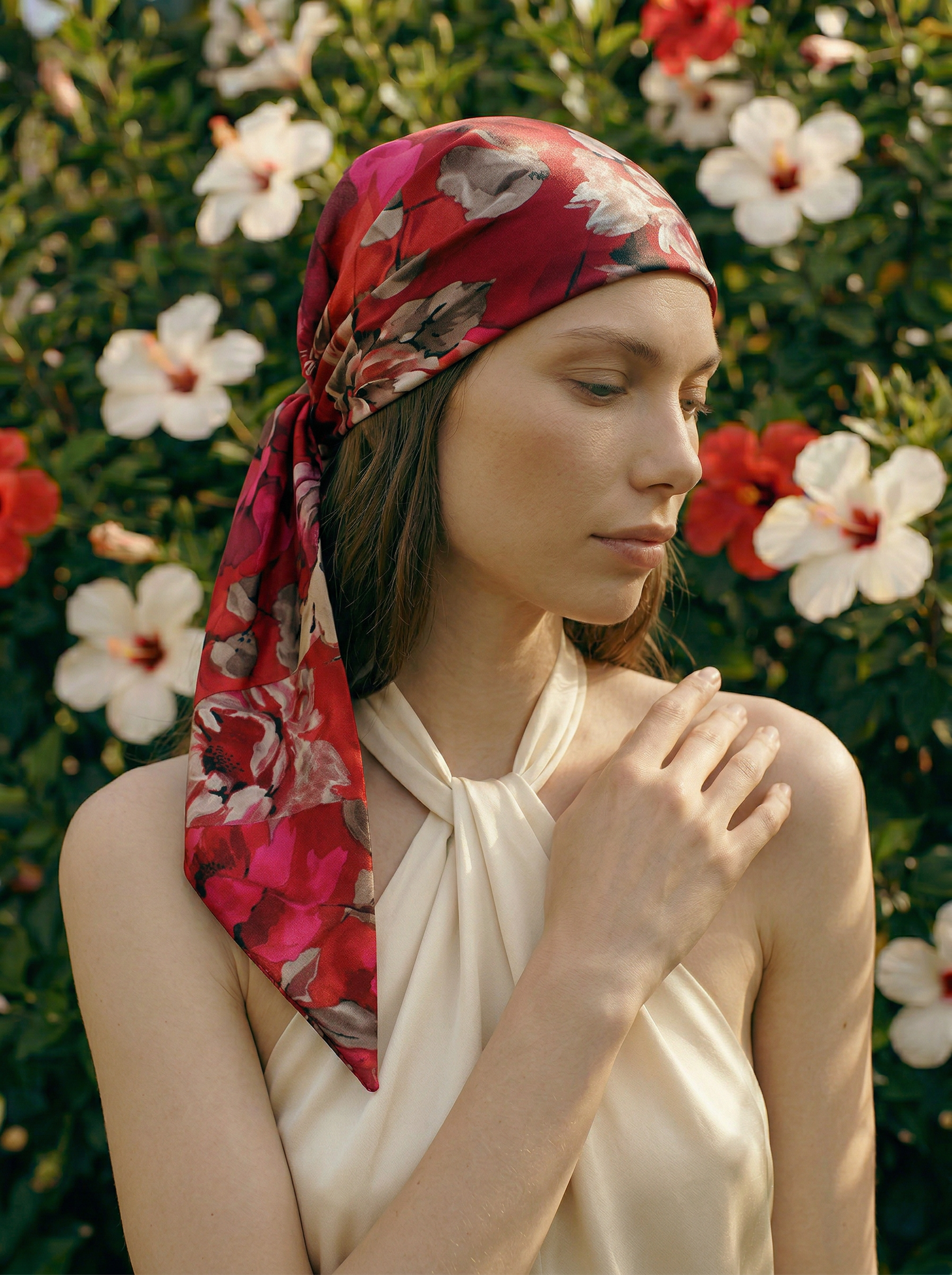Silk headscarf with ties - Red Floral
