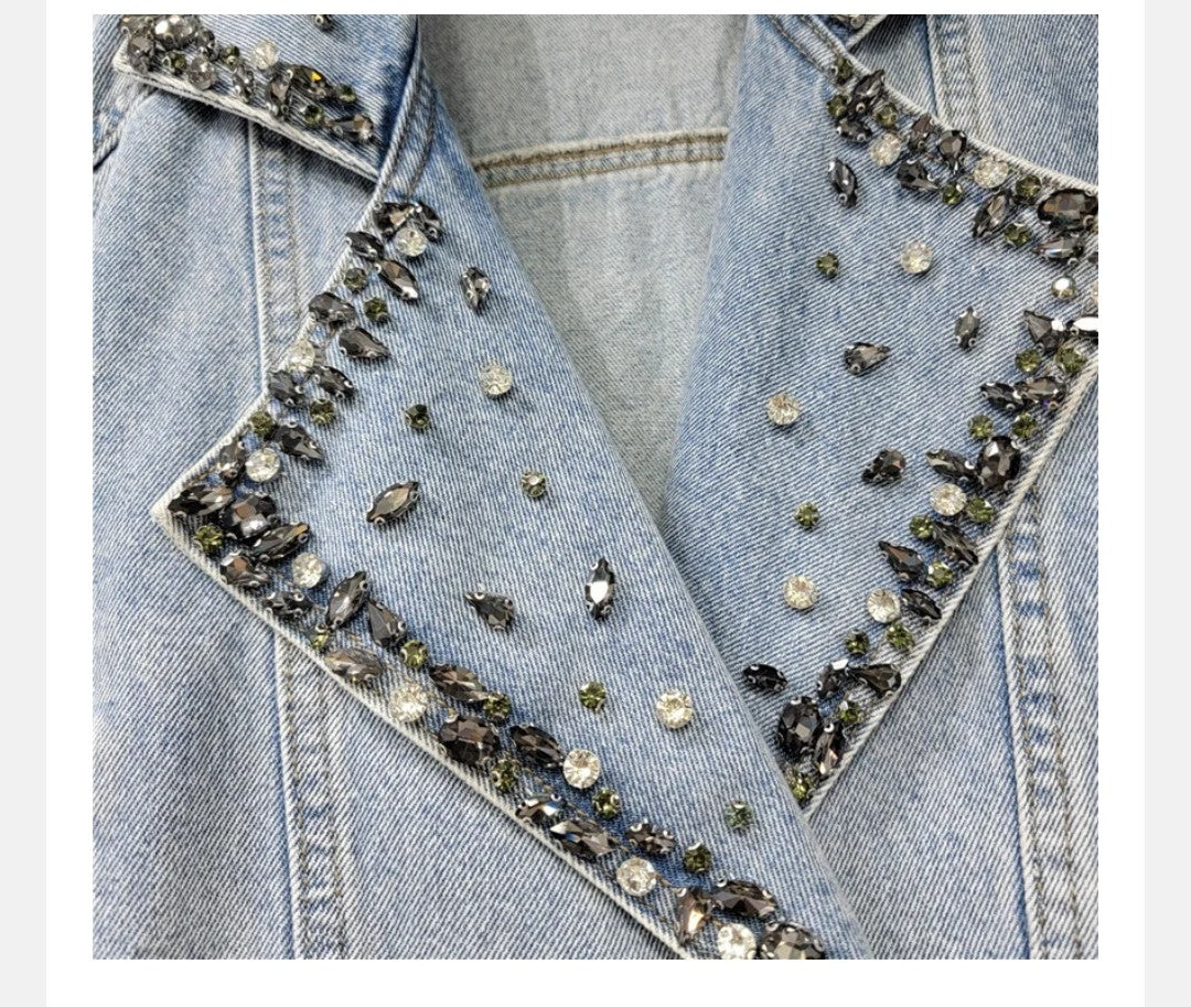 Pearl Diamond Notched Collar Lace-up Spliced Denim Jackets For Women Y2k High Street Loose Coat