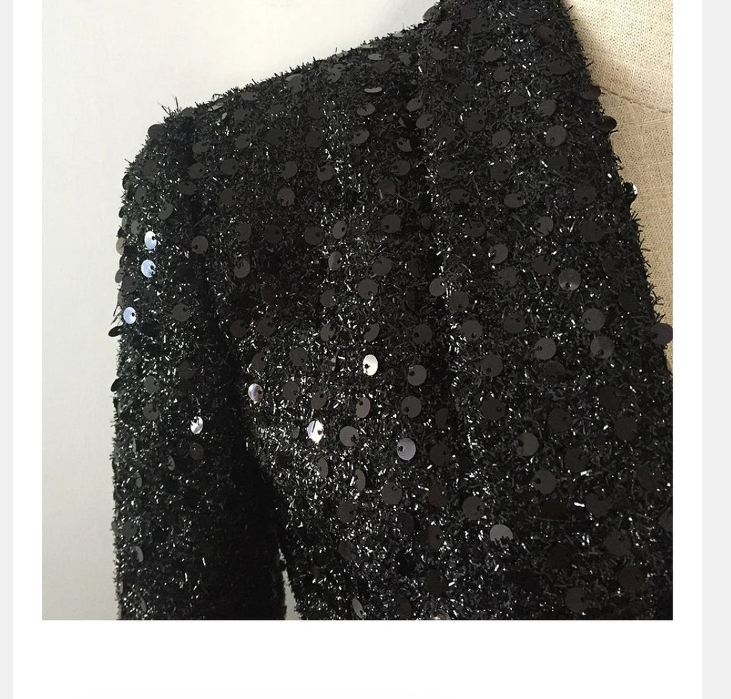 HarleyFashion Women Luxury Design Bling Bling Sequined Black Long Blazer Outerwear Quality Slim Blazers