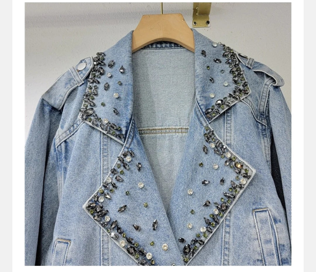 Pearl Diamond Notched Collar Lace-up Spliced Denim Jackets For Women Y2k High Street Loose Coat