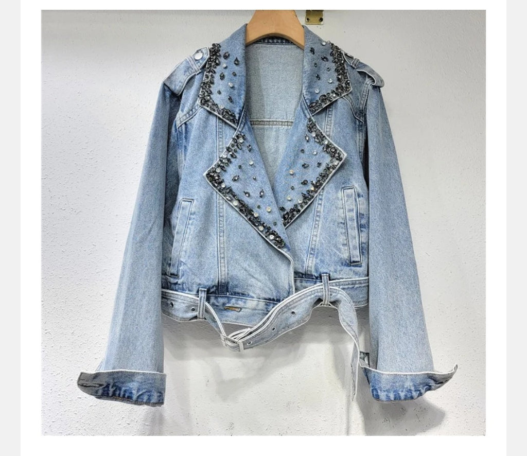 Pearl Diamond Notched Collar Lace-up Spliced Denim Jackets For Women Y2k High Street Loose Coat