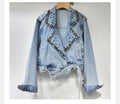 Pearl Diamond Notched Collar Lace-up Spliced Denim Jackets For Women Y2k High Street Loose Coat
