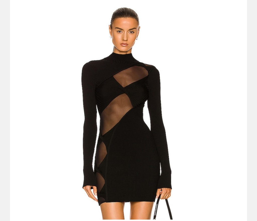 Black Mesh Long-Sleeve Bodycon Mini Dress