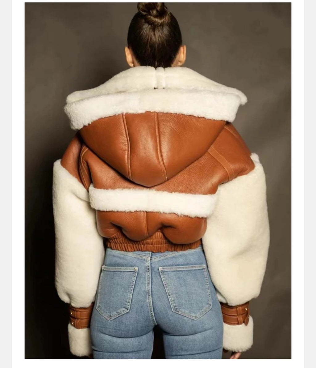 Casual Leather Jackets For Women Hooded Long Sleeve Spliced Zipper Short Jacket Female Style