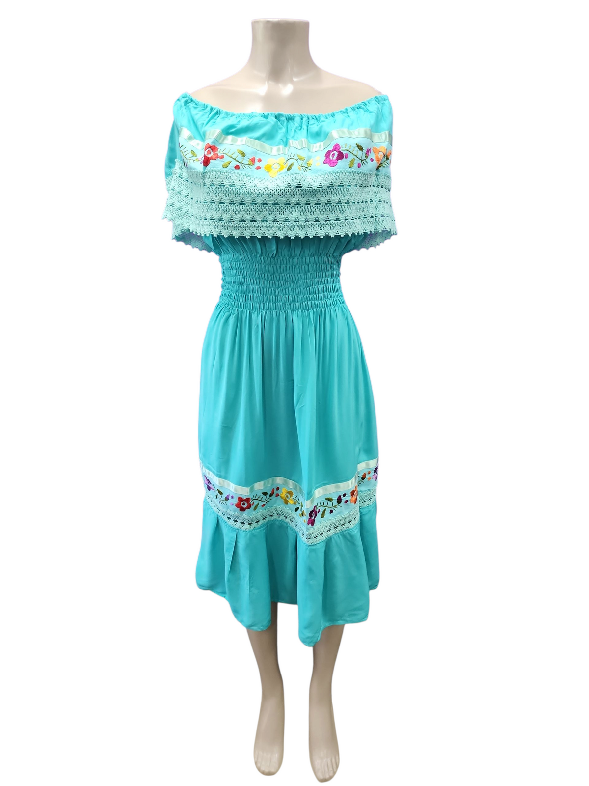 Mexican Campesina Rayon Midi Dress Mint