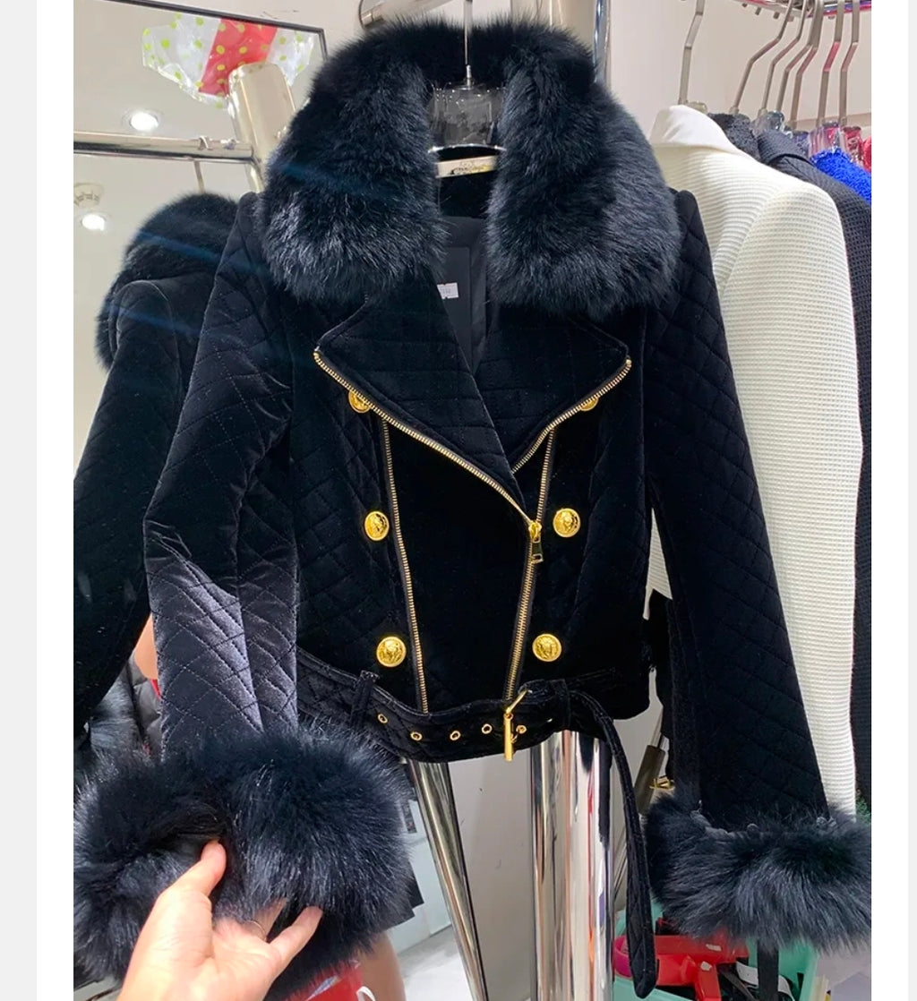 Designer Jacket Women's Fox Fur Collar Detachable Velvet Motorcycle Jacket