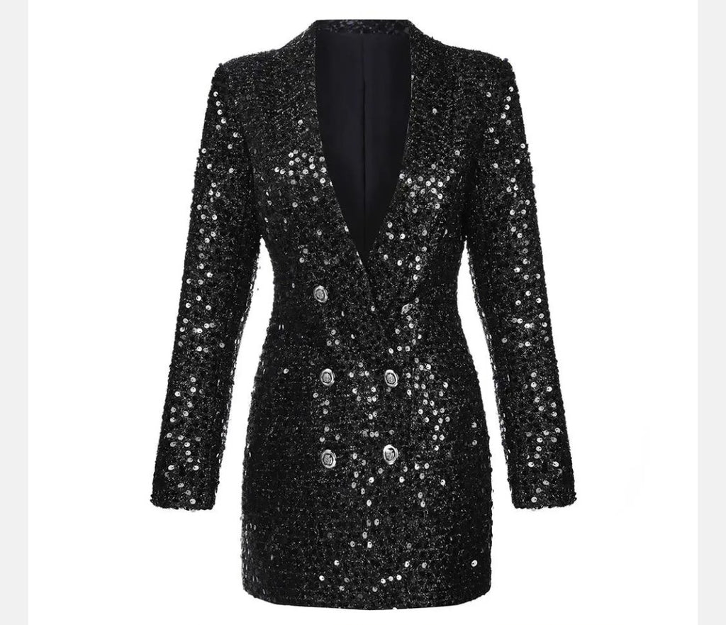HarleyFashion Women Luxury Design Bling Bling Sequined Black Long Blazer Outerwear Quality Slim Blazers