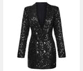 HarleyFashion Women Luxury Design Bling Bling Sequined Black Long Blazer Outerwear Quality Slim Blazers