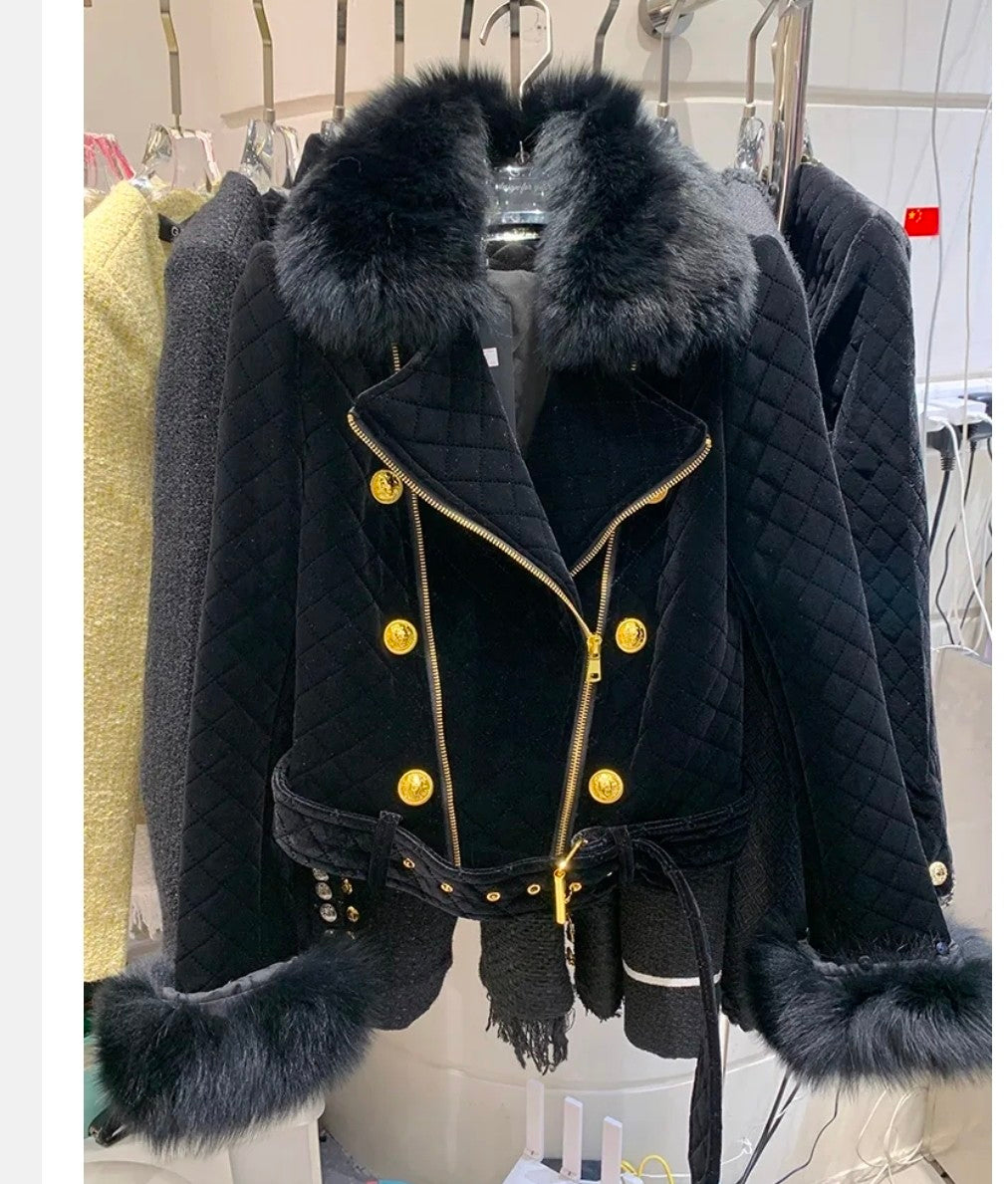 Designer Jacket Women's Fox Fur Collar Detachable Velvet Motorcycle Jacket