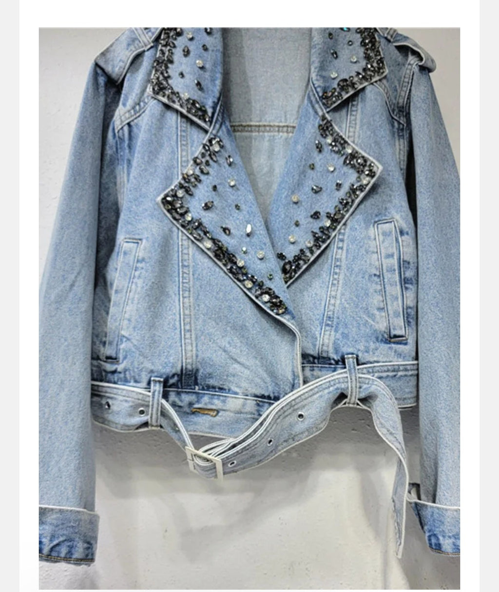 Pearl Diamond Notched Collar Lace-up Spliced Denim Jackets For Women Y2k High Street Loose Coat