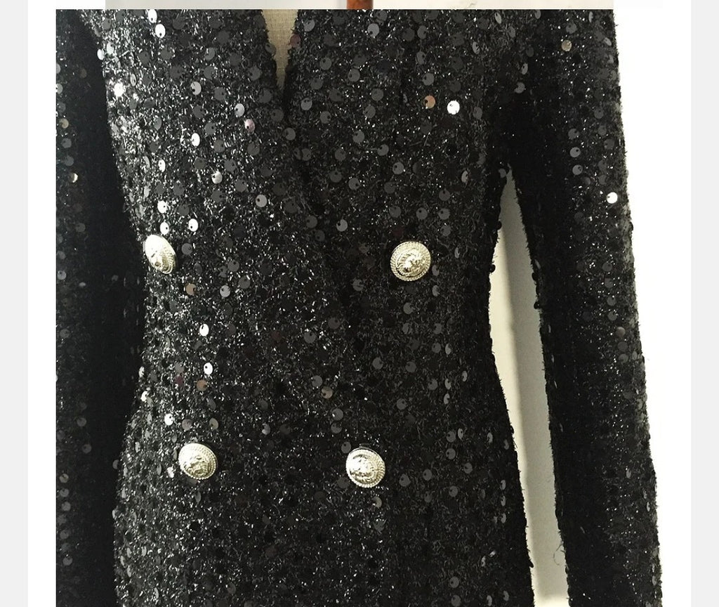 HarleyFashion Women Luxury Design Bling Bling Sequined Black Long Blazer Outerwear Quality Slim Blazers