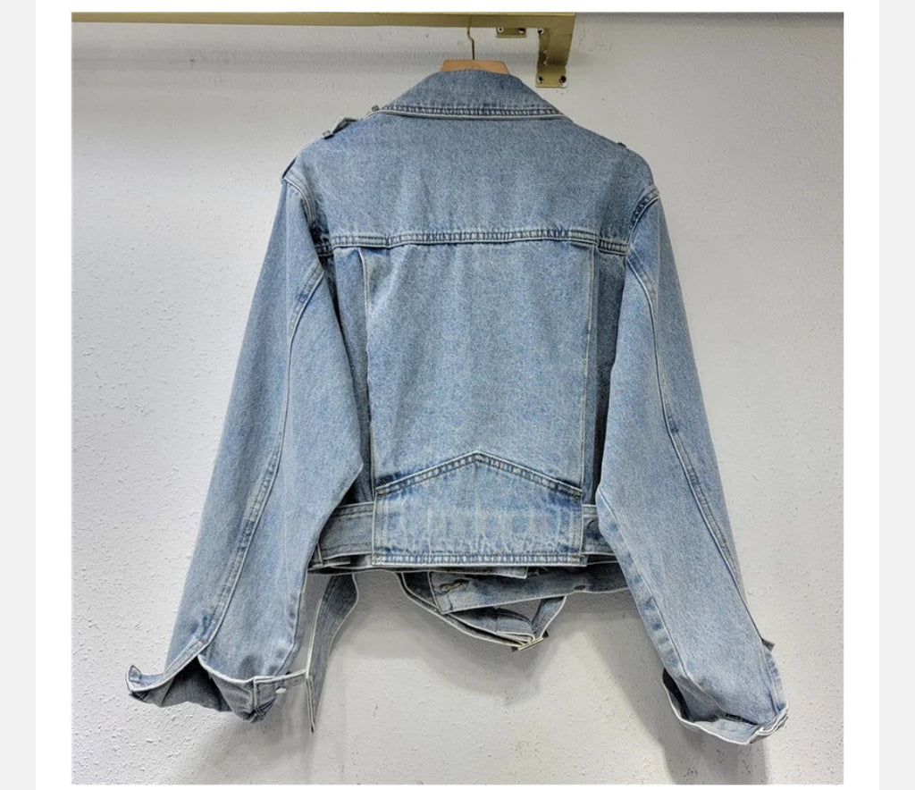 Pearl Diamond Notched Collar Lace-up Spliced Denim Jackets For Women Y2k High Street Loose Coat