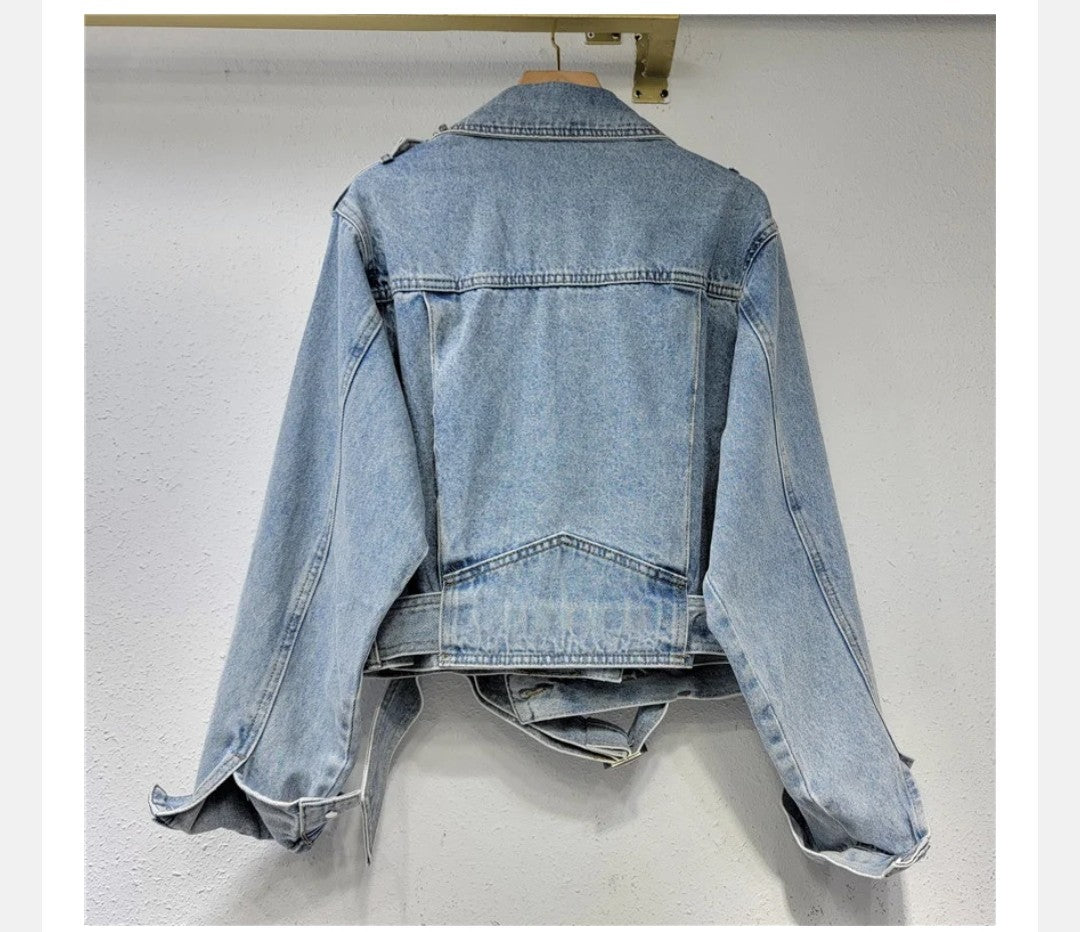 Pearl Diamond Notched Collar Lace-up Spliced Denim Jackets For Women Y2k High Street Loose Coat