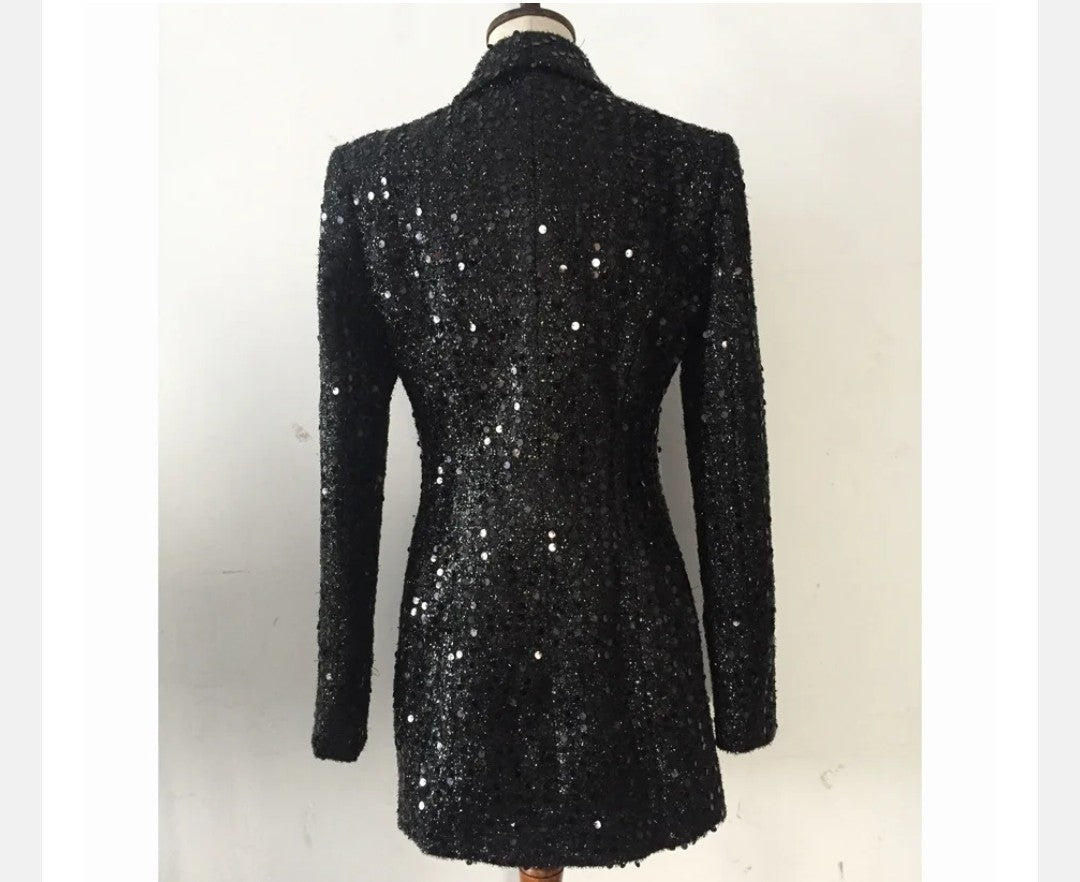 HarleyFashion Women Luxury Design Bling Bling Sequined Black Long Blazer Outerwear Quality Slim Blazers