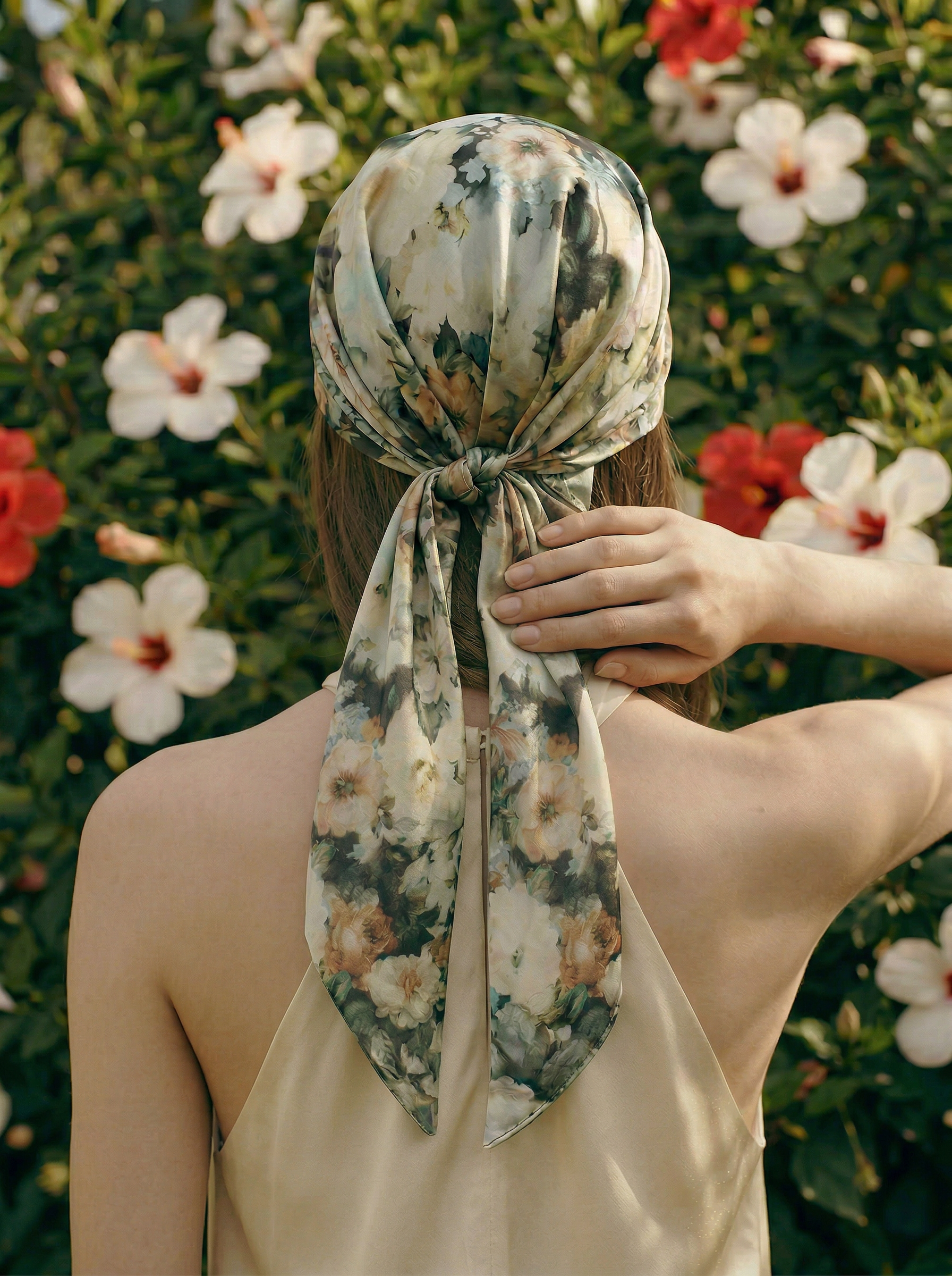 Silk headscarf with ties - Sage Floral