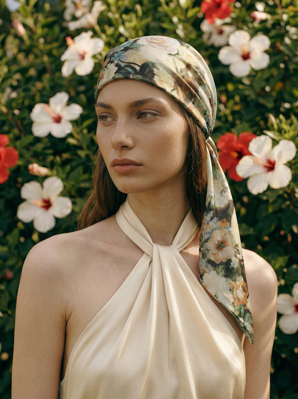 Silk headscarf with ties - Sage Floral