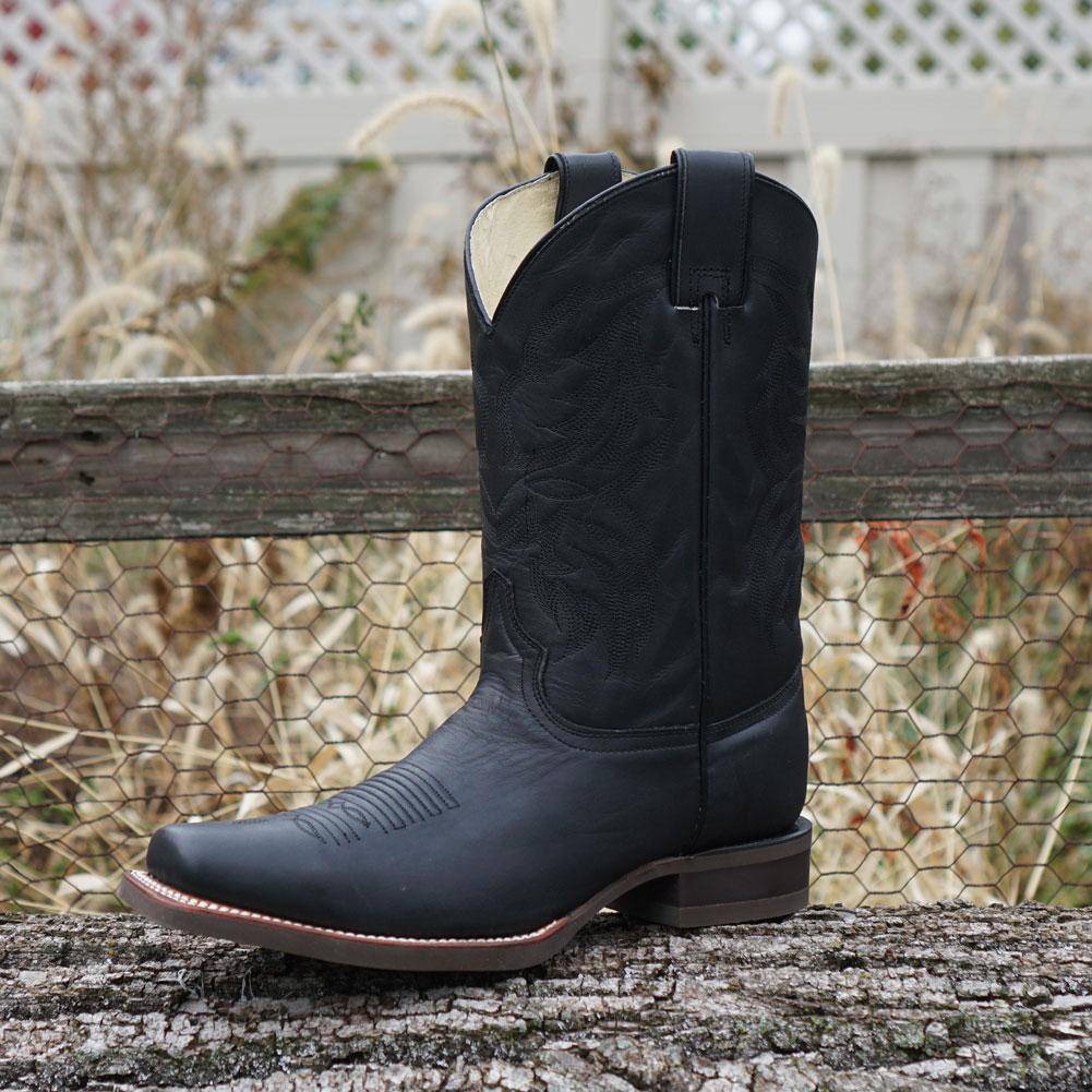 Black Square Toe Leather Cowboy Boots H4002