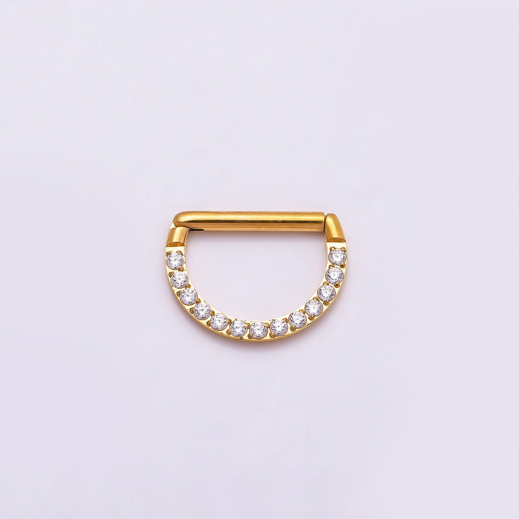 Titanium 10mm Micro Paved CZ D-Shaped Bar Septum Cartilage Piercing Clicker in Gold & Silver | BJ-00015 BJ-00016