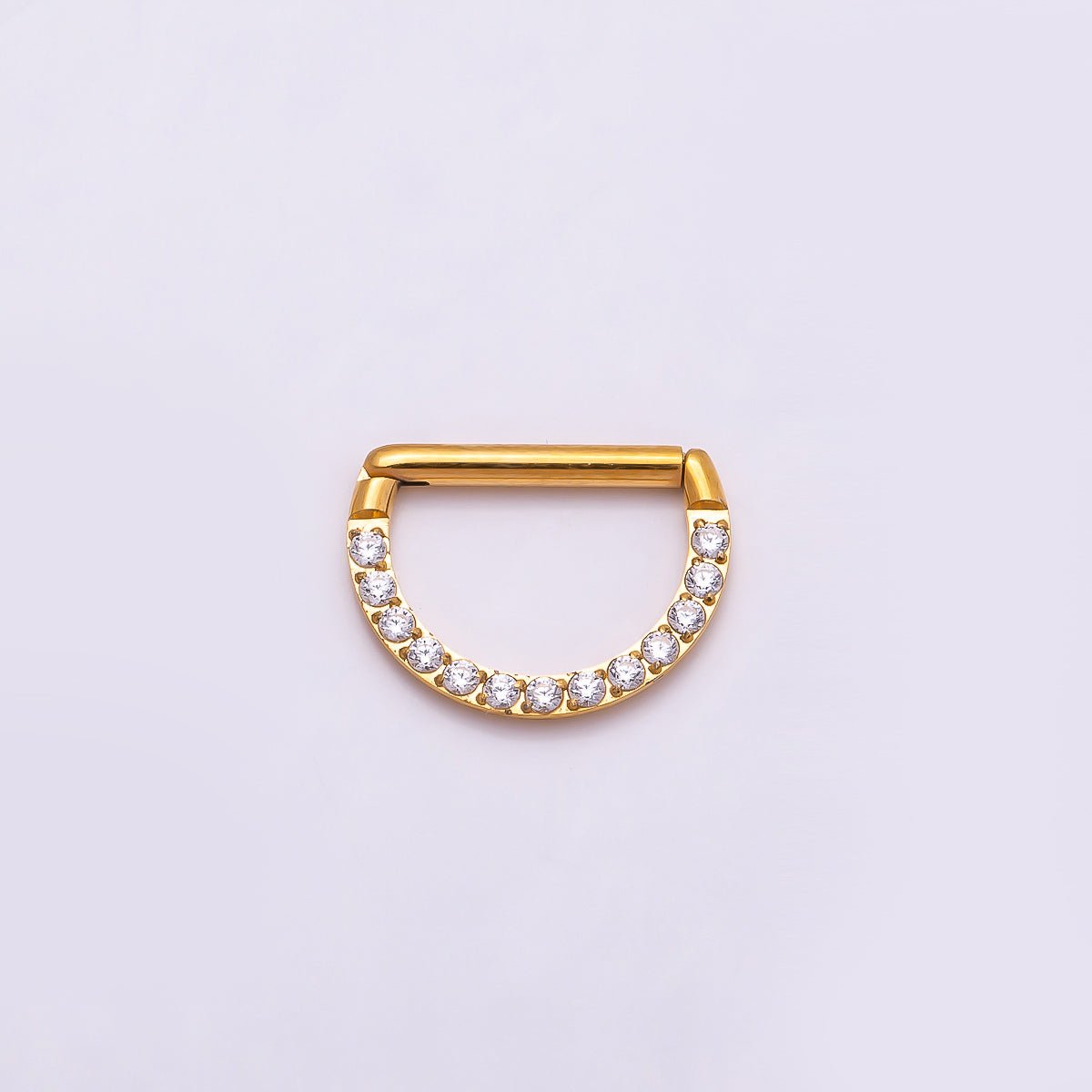 Titanium 10mm Micro Paved CZ D-Shaped Bar Septum Cartilage Piercing Clicker in Gold & Silver | BJ-00015 BJ-00016