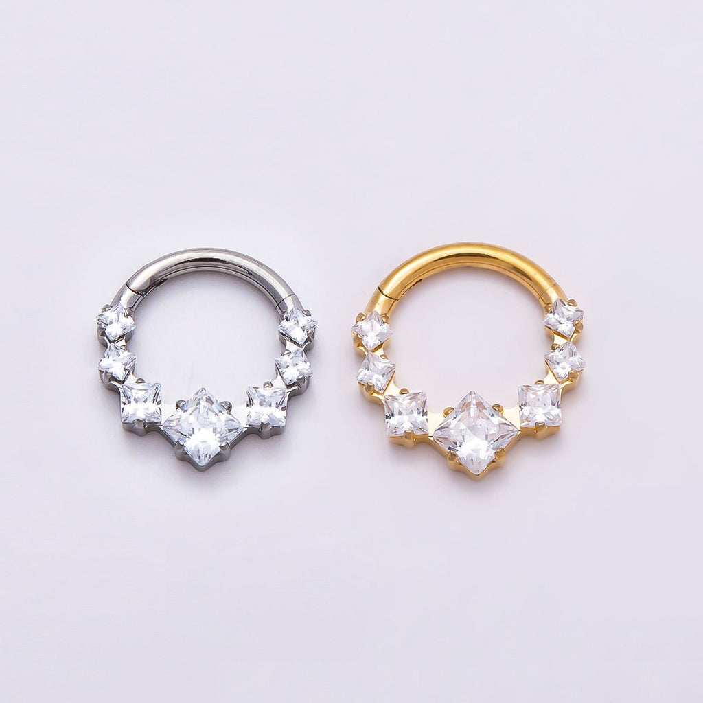 Titanium 11mm Clear Square CZ Cluster Gradient Single Septum Cartilage Piercing Clicker in Gold & Silver | BJ-00033 BJ-00034