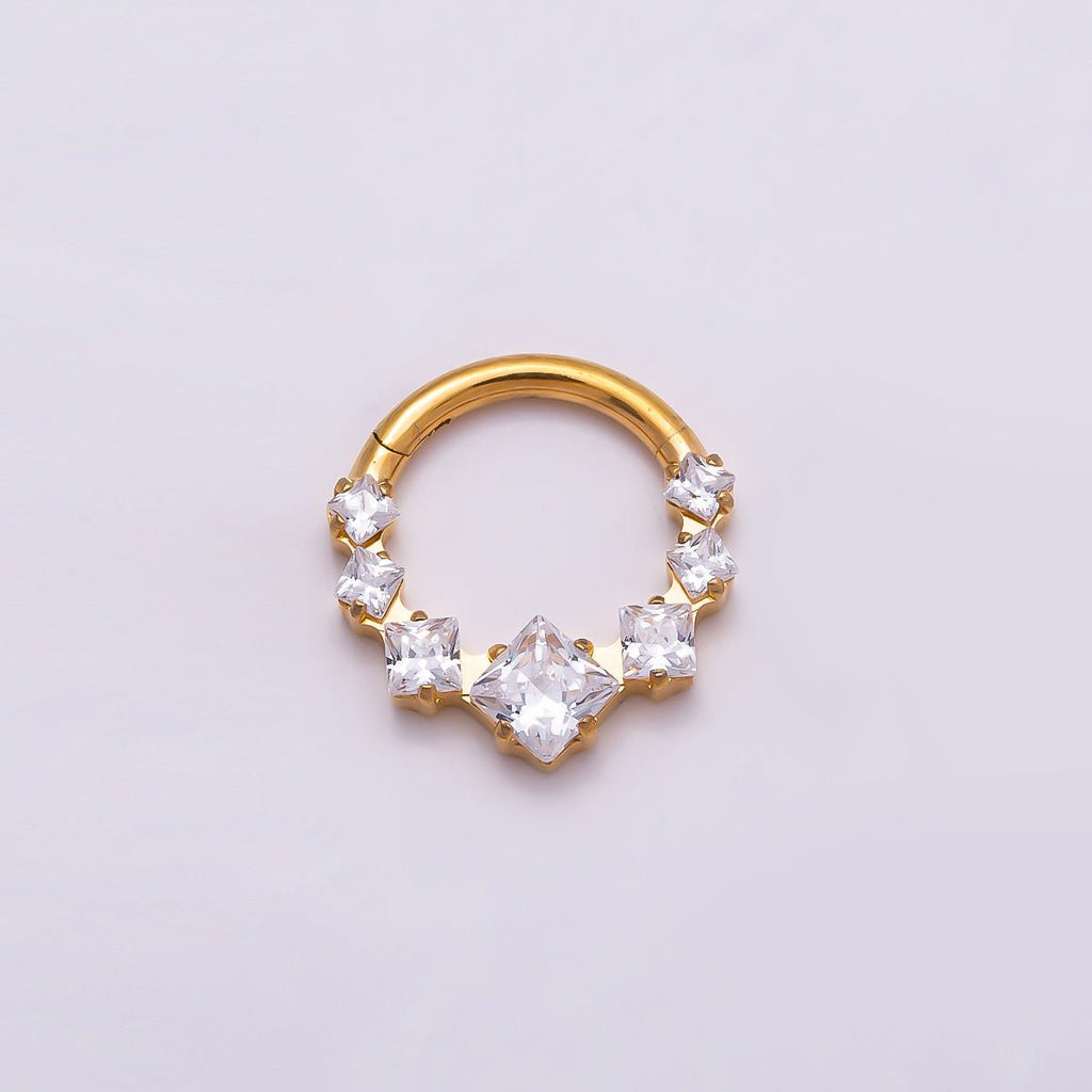 Titanium 11mm Clear Square CZ Cluster Gradient Single Septum Cartilage Piercing Clicker in Gold & Silver | BJ-00033 BJ-00034