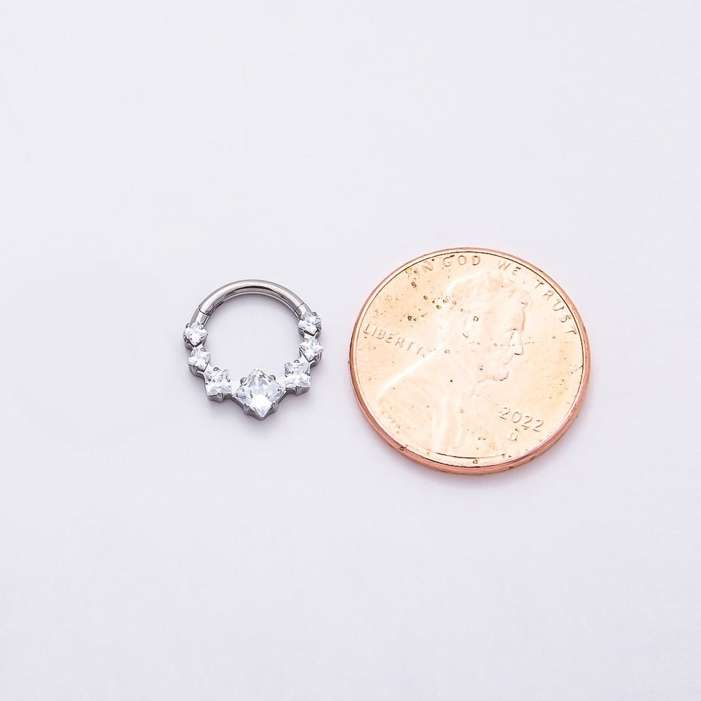 Titanium 11mm Clear Square CZ Cluster Gradient Single Septum Cartilage Piercing Clicker in Gold & Silver | BJ-00033 BJ-00034