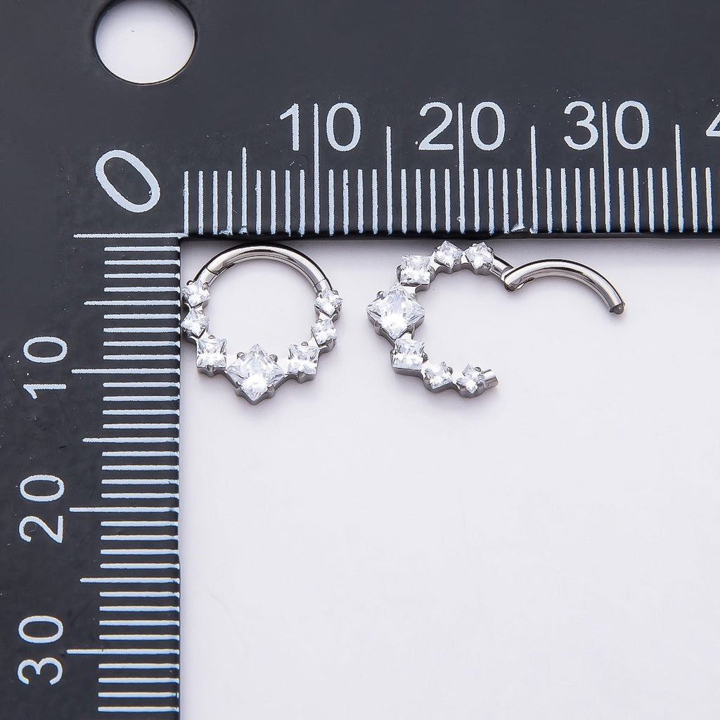 Titanium 11mm Clear Square CZ Cluster Gradient Single Septum Cartilage Piercing Clicker in Gold & Silver | BJ-00033 BJ-00034