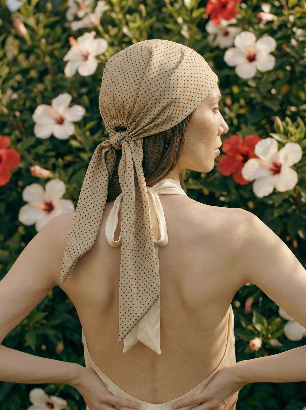Printed Silk headscarf with ties - Tan Polka