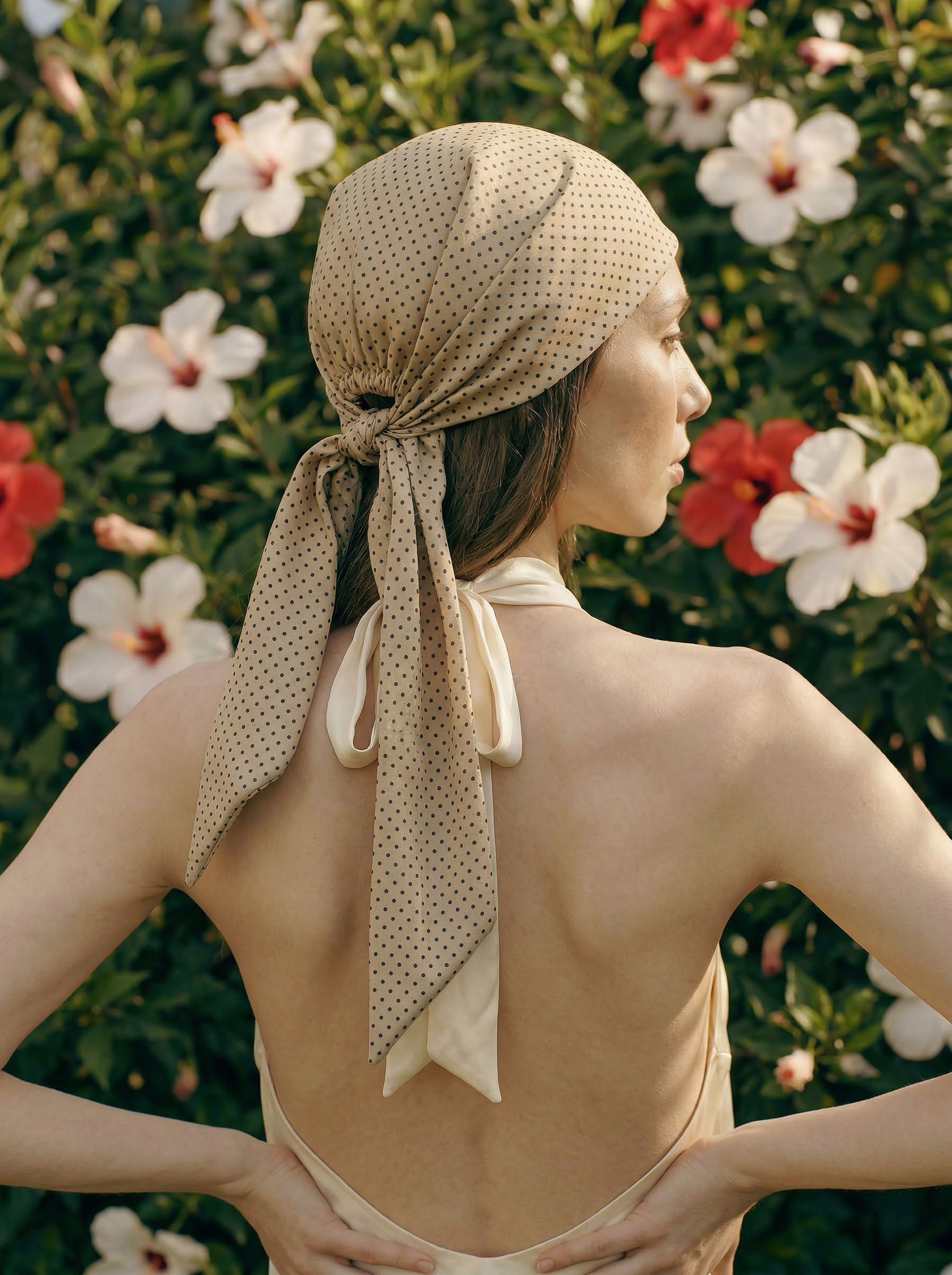 Printed Silk headscarf with ties - Tan Polka