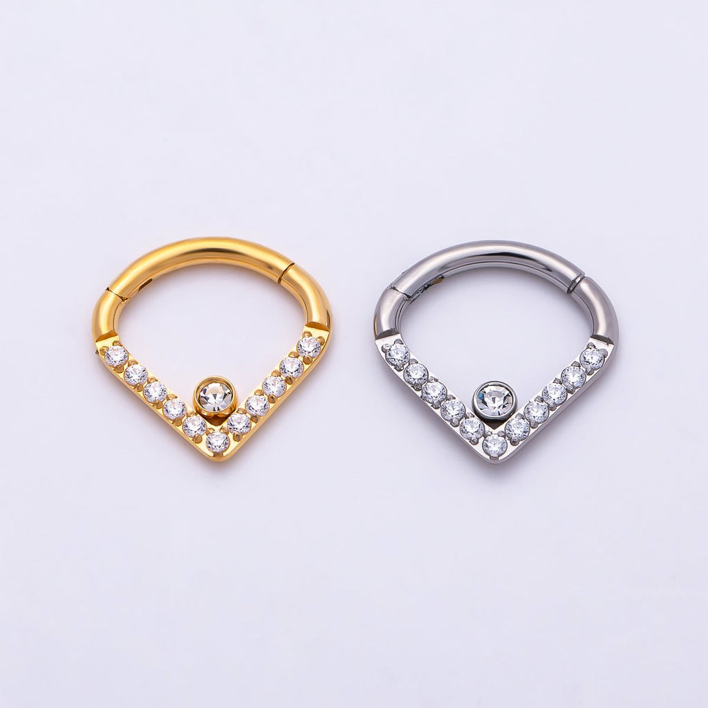 Titanium 10.5mm V-Shaped Chevron Micro Paved CZ Single Septum Cartilage Piercing Clicker in Gold & Silver | Findings-00466 Findings-00467