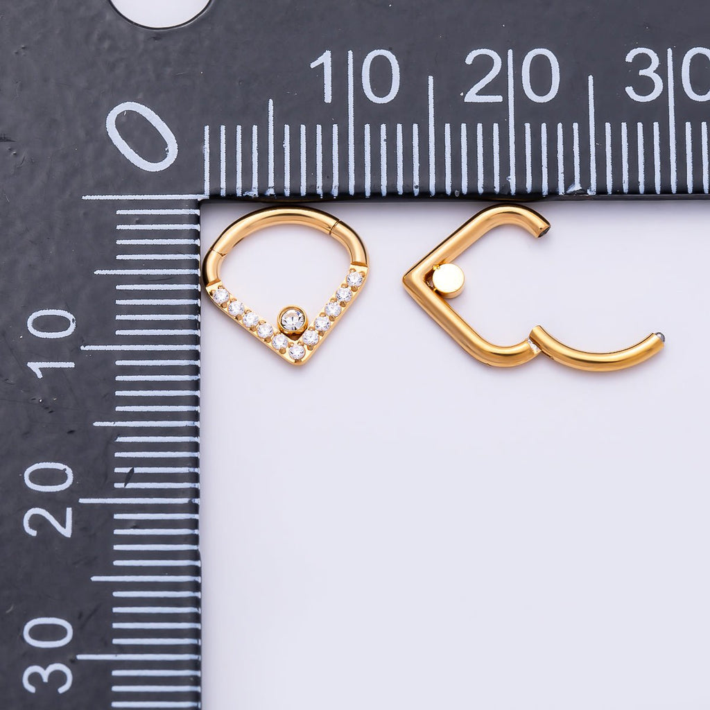 Titanium 10.5mm V-Shaped Chevron Micro Paved CZ Single Septum Cartilage Piercing Clicker in Gold & Silver | Findings-00466 Findings-00467