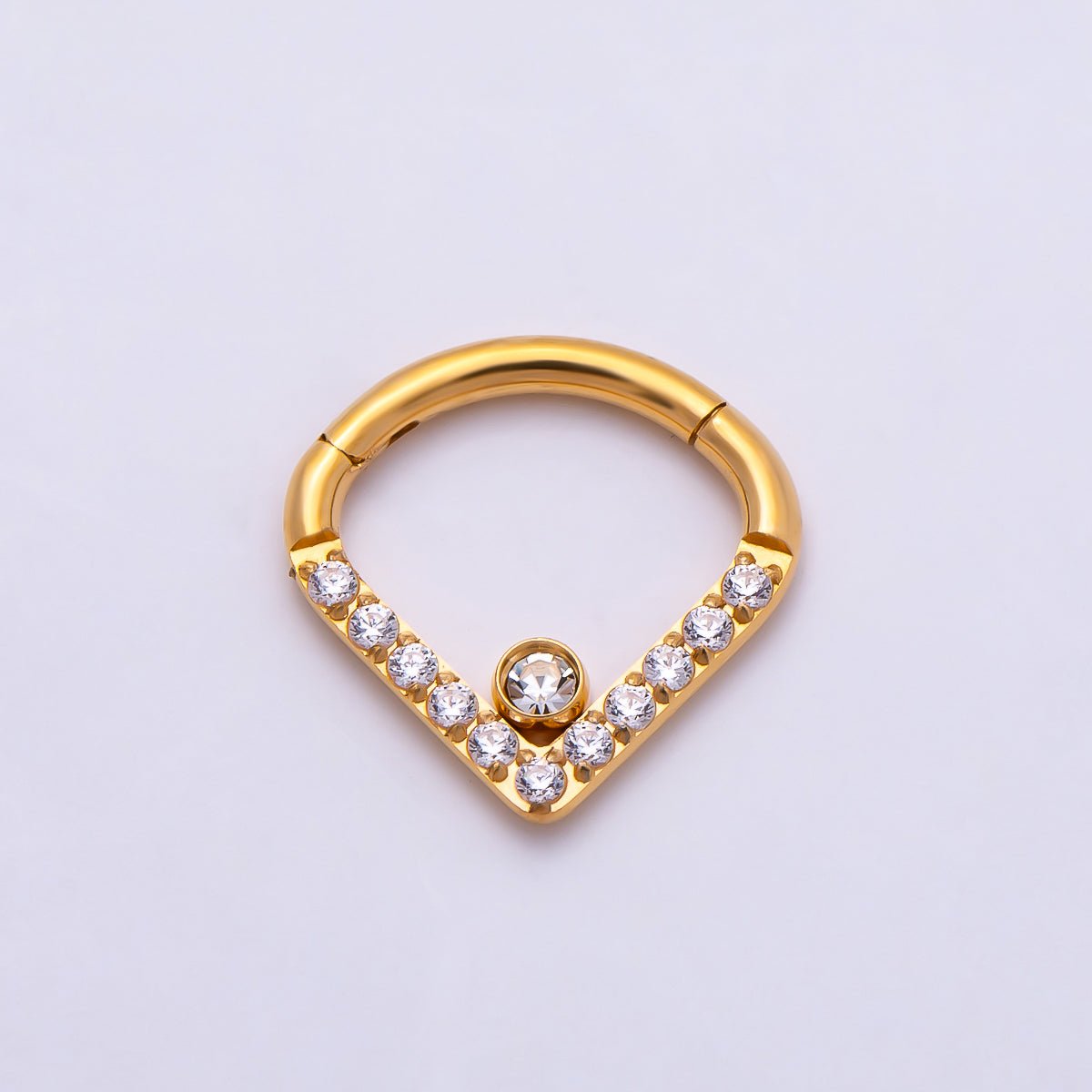 Titanium 10.5mm V-Shaped Chevron Micro Paved CZ Single Septum Cartilage Piercing Clicker in Gold & Silver | Findings-00466 Findings-00467