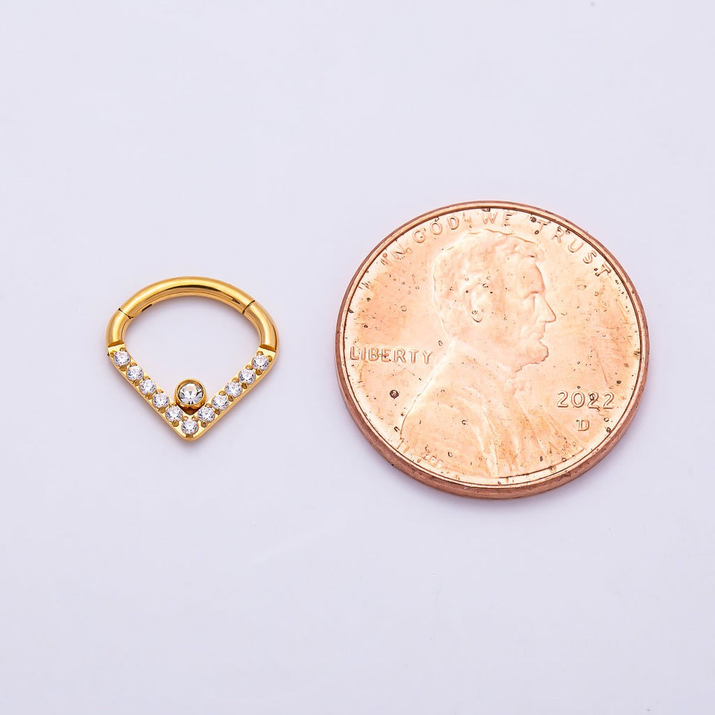 Titanium 10.5mm V-Shaped Chevron Micro Paved CZ Single Septum Cartilage Piercing Clicker in Gold & Silver | Findings-00466 Findings-00467