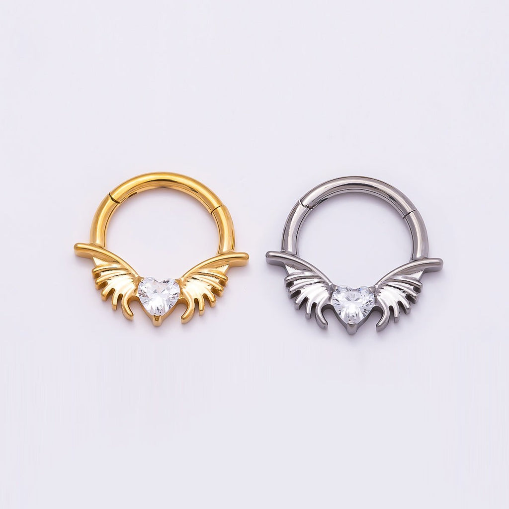 Titanium 12.5mm Clear CZ Heart Wings Single Septum Cartilage Piercing Clicker in Gold & Silver | Findings-00311 Findings-00312