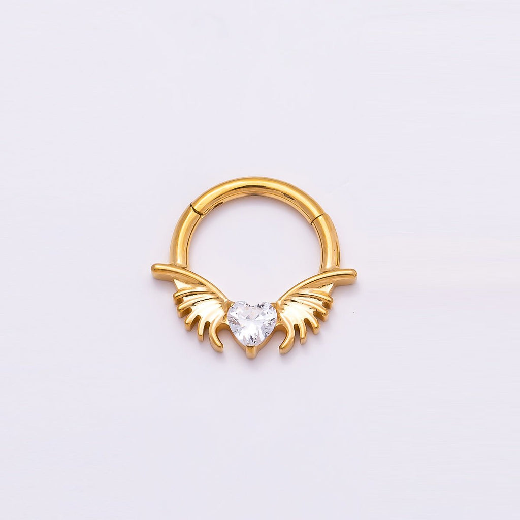 Titanium 12.5mm Clear CZ Heart Wings Single Septum Cartilage Piercing Clicker in Gold & Silver | Findings-00311 Findings-00312