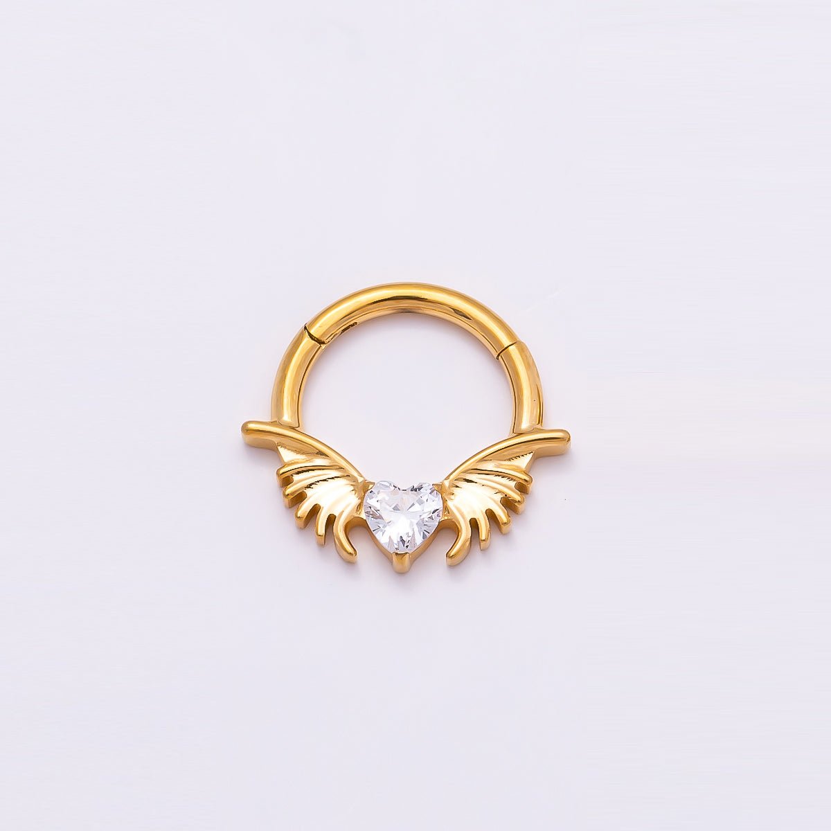 Titanium 12.5mm Clear CZ Heart Wings Single Septum Cartilage Piercing Clicker in Gold & Silver | Findings-00311 Findings-00312